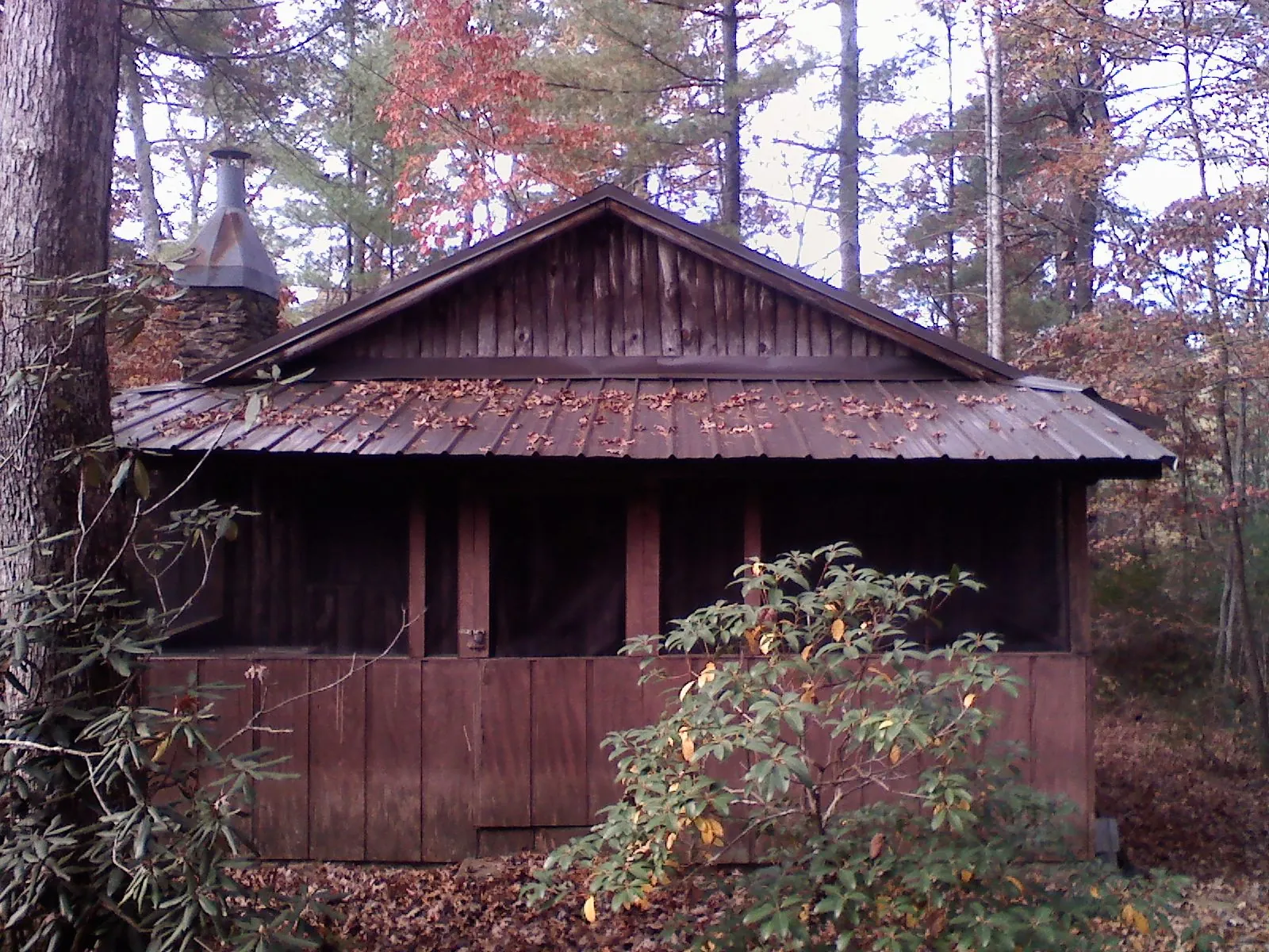 Metal roof over the screened porch of a rustic cabin in Clinton